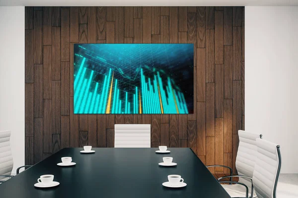 벽에 화면 모니터에 금융 차트와 회의실 인테리어. 주식 시장 분석 개념입니다. 3D 렌더링. — 스톡 사진
