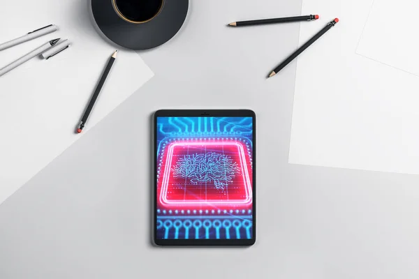 Digital tablet closeup with brain drawing on screen. Data technology concept. 3d rendering. — Stock Photo, Image