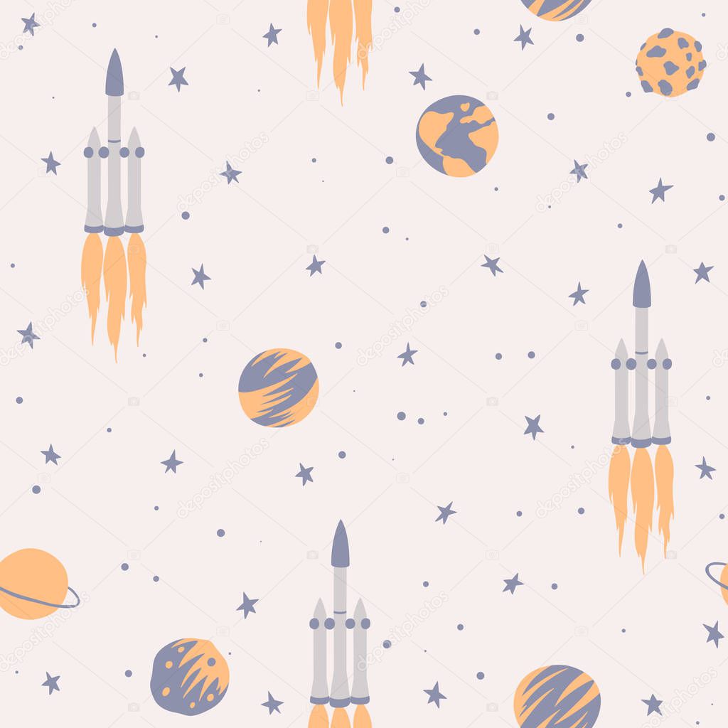 Space seamless pattern with rockets, planets and stars