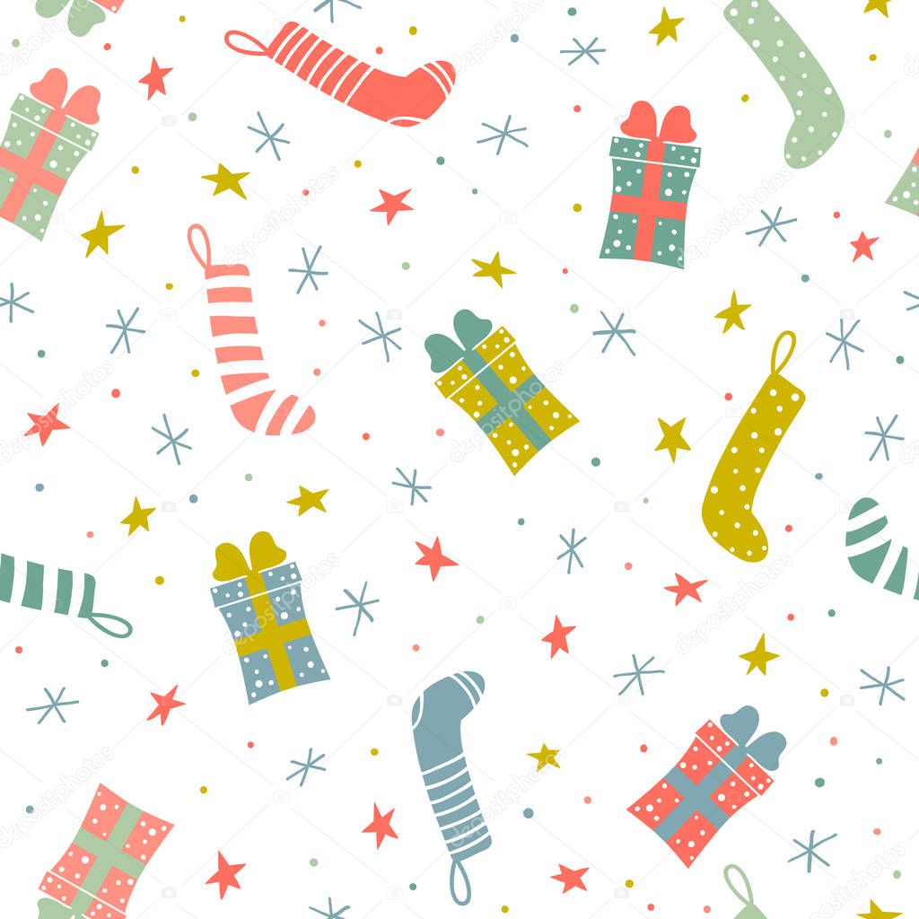  Seamless Christmas pattern with socks and presents 