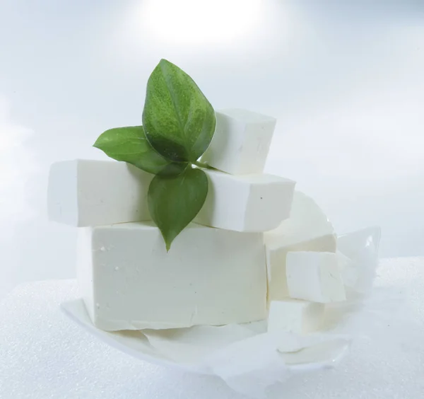  beyaz bir arka plan üzerinde beyaz peynir. Yeşil fesleğen