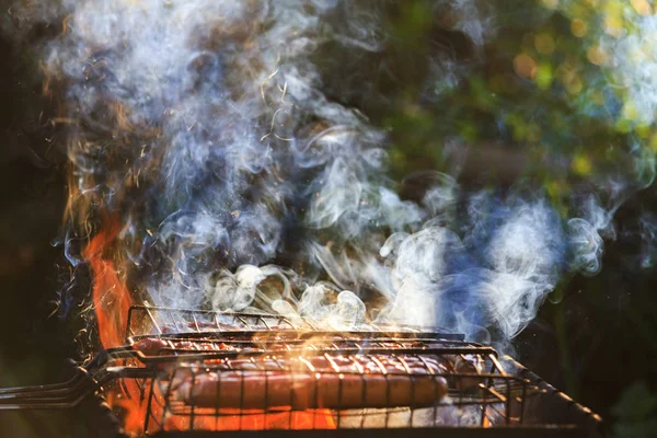 Salsicce alla griglia sul fuoco aperto — Foto Stock