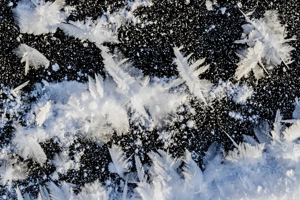 Piękne białe płatki śniegu na ciemny lód — Zdjęcie stockowe