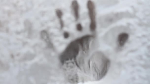 Отпечатки пальцев на замороженном стекле — стоковое видео