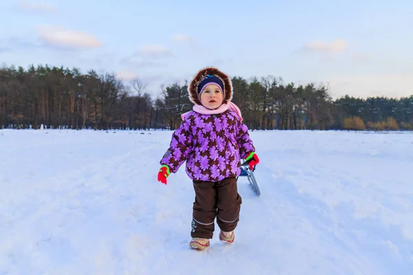 Little girl pulls sled in the snow — Stock Photo, Image