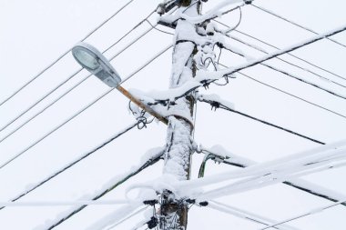 Uzun, karla kaplı bir direk, bir sokak lambasıyla kaplı, altında sıcaklığı ve parlaklığıyla kışı aydınlatan, belirgin bir şekilde duruyor.