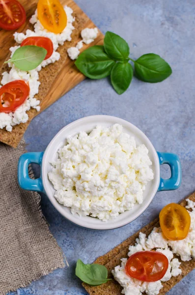 Curd cheese in a dish with toast, tomatoes and Basil. Selective focus.