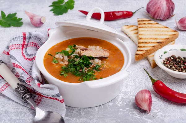 Tomato soup with fish — Stock Image Tomato soup with fish Stock Image