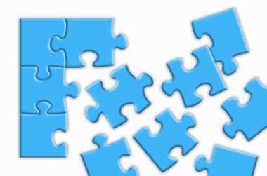 Beyaz arka planda gölgeli mavi bulmaca. Tasarım konsepti. Boşluğun kopyası.