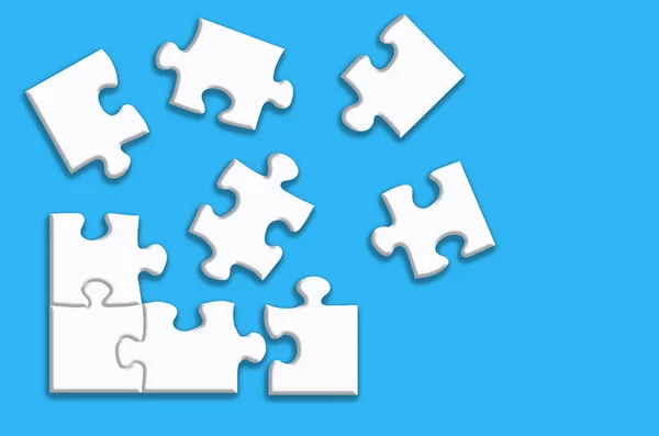 Witte Puzzel Met Schaduwen Een Blauwe Achtergrond Ontwerp Concept Kopie — Stockfoto