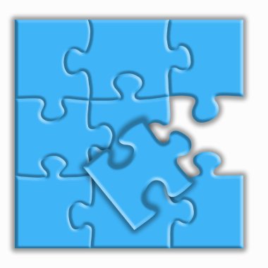 Beyaz arka planda gölgeli mavi bulmaca. Tasarım konsepti. Boşluğun kopyası.