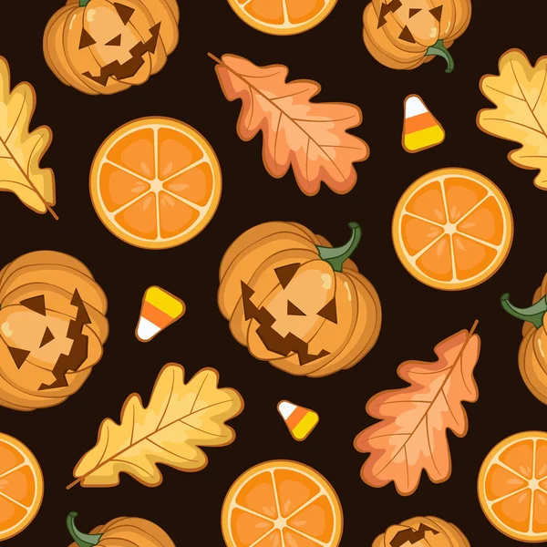 Seamless Halloween Pattern Scary Pumpkins Oak Leaves Slices Oranges Black — Stock Vector