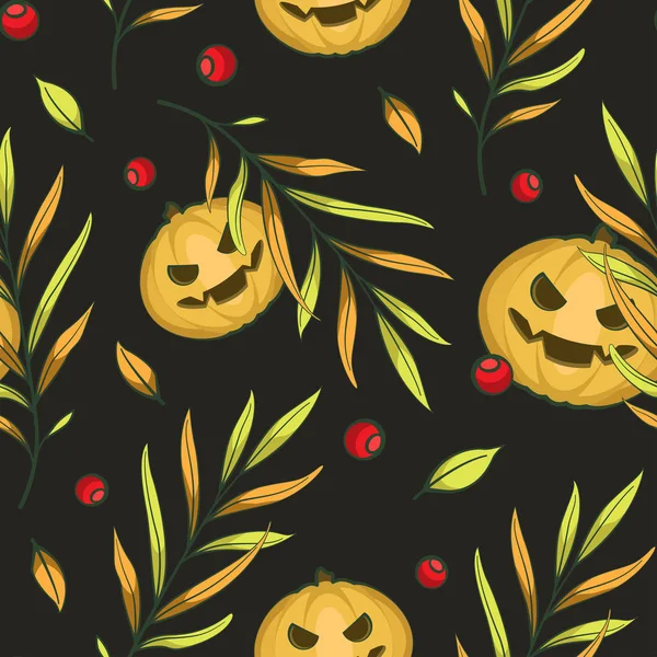 Vector Naadloze Halloween Patroon Met Enge Pompoenen Herfst Bladeren Rode — Stockvector