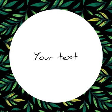 Siyah arkaplanda yeşil dalları olan vektör çerçevesi; tebrik kartları, davetiyeler, düğün kartları, posterler, afişler, web tasarımı için.