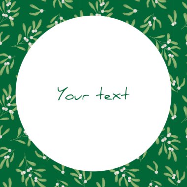 Yeşil zemin üzerinde beyaz ökseotu olan vektör çerçevesi; tebrik kartları, davetiyeler, posterler, afişler, web tasarımı için.