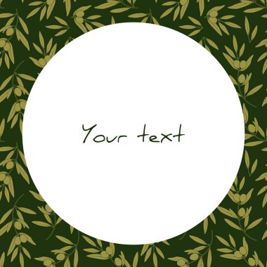 Koyu yeşil arka planda zeytin dallarının siluetlerini içeren vektör çerçevesi; tebrik kartları, davetiyeler, posterler, afişler, ambalajlama, web tasarımı için doğa çerçevesi.