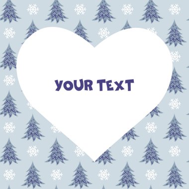 Açık mavi arka planda mavi Noel ağaçları ve ortasında kalp şeklinde çerçeve olan kare bir kart. İç tasarım şablonu, tebrik kartları, davetiyeler.