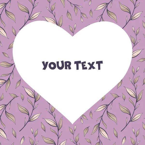 Квадратная Карточка Розовыми Листьями Фиолетовом Фоне Сердечной Рамой Центре Шаблон — стоковый вектор