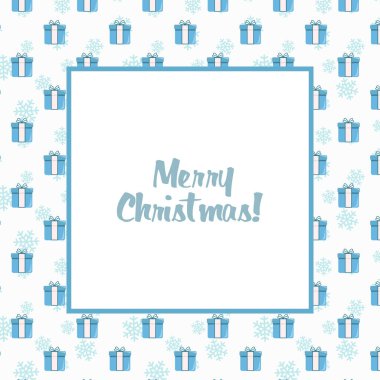  Kutlamalar, davetiyeler, posterler, afişler için mavi Noel hediye kutuları ve kar taneleriyle dolu kare çerçeve..