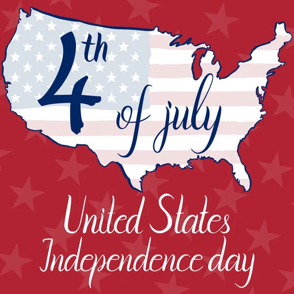 Inscripción 4 de julio Día de la Independencia de los Estados Unidos, bandera y mapa de los Estados Unidos de América — Vector de stock
