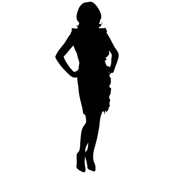 Sexy woman with long legs in a dress on high heeled hands on hips — Stock Vector