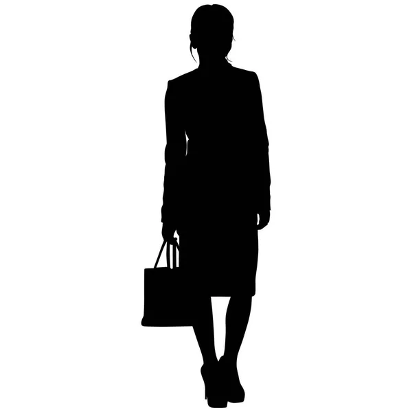 Mujer está de pie con una bolsa y falda — Vector de stock