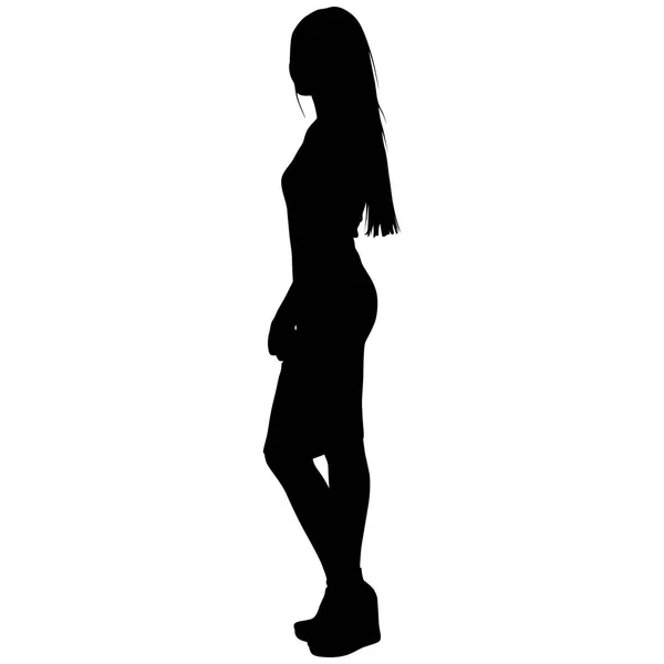 A woman with long hair and a short skirt is standing — Stock Vector