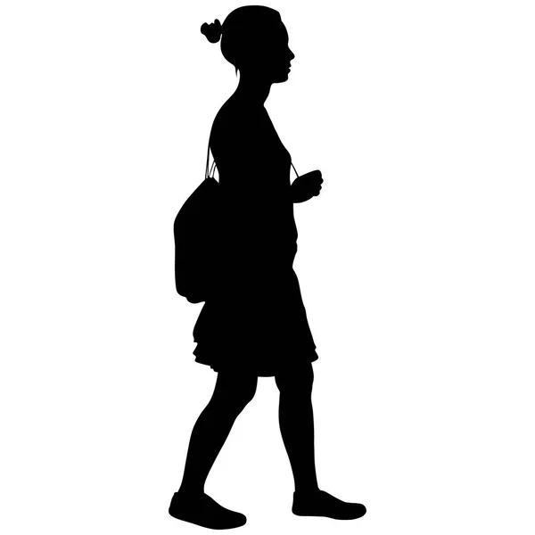 Silhouette d'une femme avec un sac à dos va — Image vectorielle