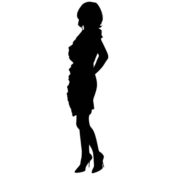 Donna sexy con le gambe lunghe in un vestito sulle mani col tacco alto sui fianchi — Vettoriale Stock