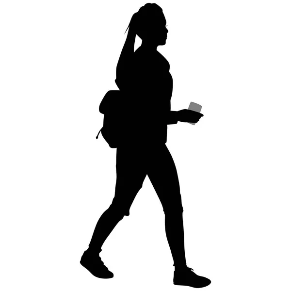 Femme avec sac à dos en baskets avec téléphone — Image vectorielle