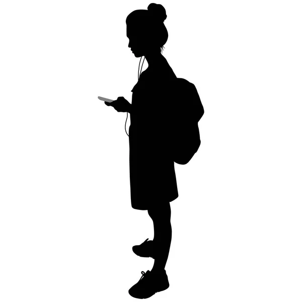 Fille avec sac à dos en jupe courte et baskets et téléphone — Image vectorielle