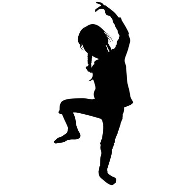 İki örgülü kız tek bacağının üzerinde durur ve elini kaldırır.