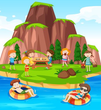 İnsanlar kamp doğa illüstrasyon