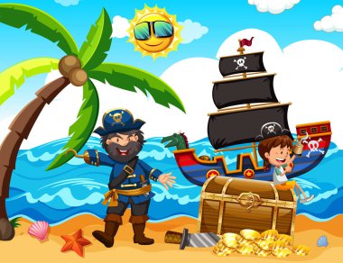 Bir korsan ve ada illüstrasyon mutlu kız