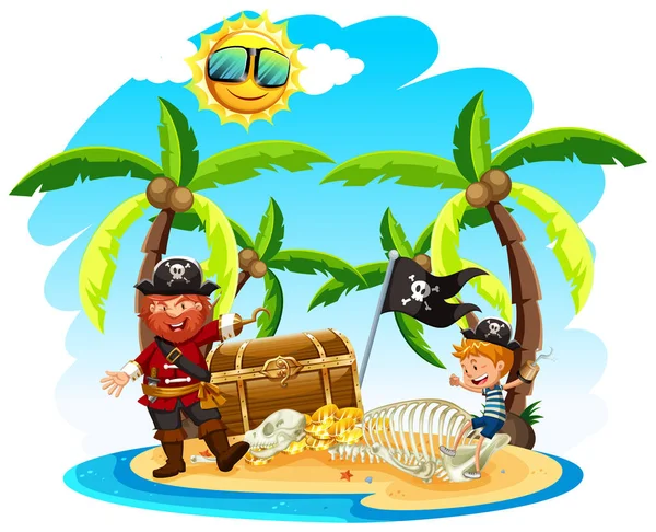 海盗和一个男孩在海岛例证 — 图库矢量图片