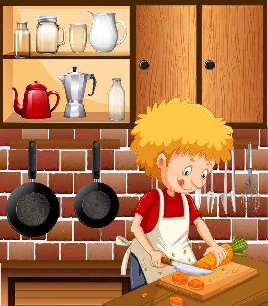 Ένα Άνθρωπος Μαγείρεμα Στην Κουζίνα Απεικόνιση — Διανυσματικό Αρχείο