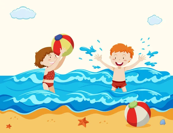 Niño Niña Jugando Playa Ilustración — Vector de stock