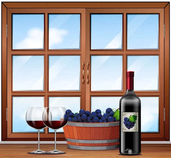 Czerwone Wino Kieliszkach Barrell Ilustracji Tle Winogron — Wektor stockowy