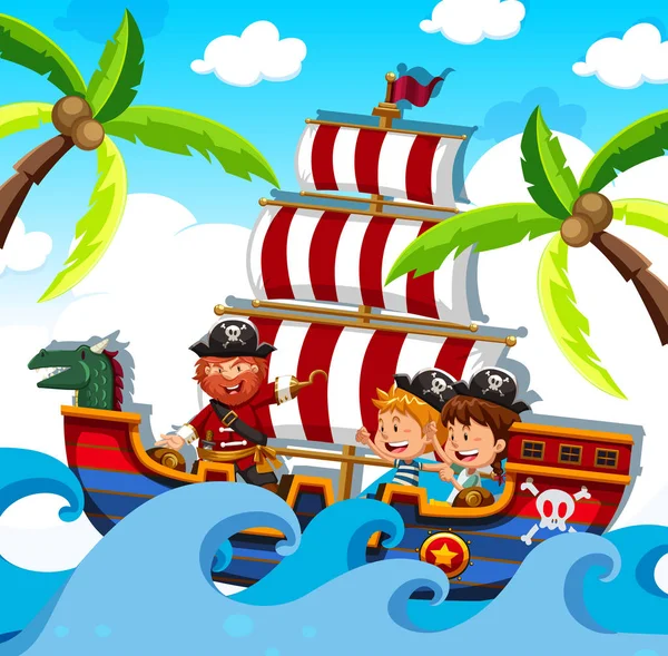 Ein Pirat Mit Glücklichen Kindern Auf Dem Schiff — Stockvektor