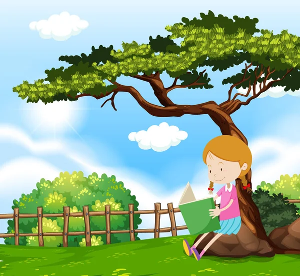 Una Niña Leyendo Libro Bajo Ilustración Del Árbol — Vector de stock