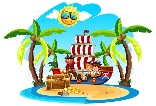 Pirata Con Bambini Sull Isola Illustrazione — Vettoriale Stock