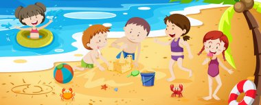 Bir grup, çocuklar oynarken Next Beach illüstrasyon
