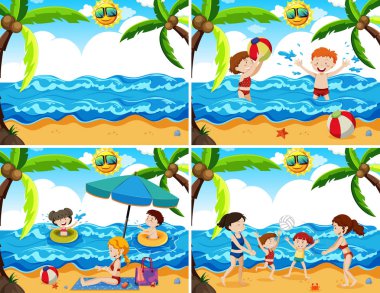 Bir ayarla, aileyi Beach illüstrasyon