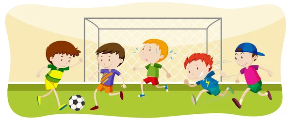 Garçon Jouant Football Sur Terrain Illustration — Image vectorielle