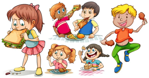 Conjunto Crianças Comendo Fast Food Ilustração — Vetor de Stock