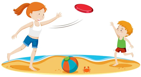 Niños Jugando Frisbee Playa Ilustración — Archivo Imágenes Vectoriales