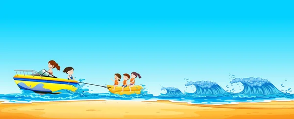 Kids  Riding Banana Boat in Ocean illustration