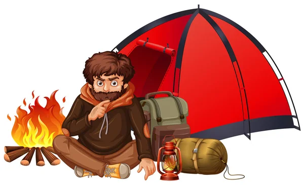 Man Camping Vit Bakgrund Illustration — Stock vektor