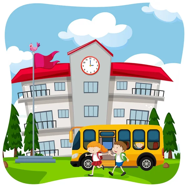 Παιδιά Και Σχολικό Λεωφορείο Στο Σχολείο Εικονογράφηση — Διανυσματικό Αρχείο