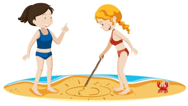 Girls Drawing Sun Sand Illustration — Stock Vector
